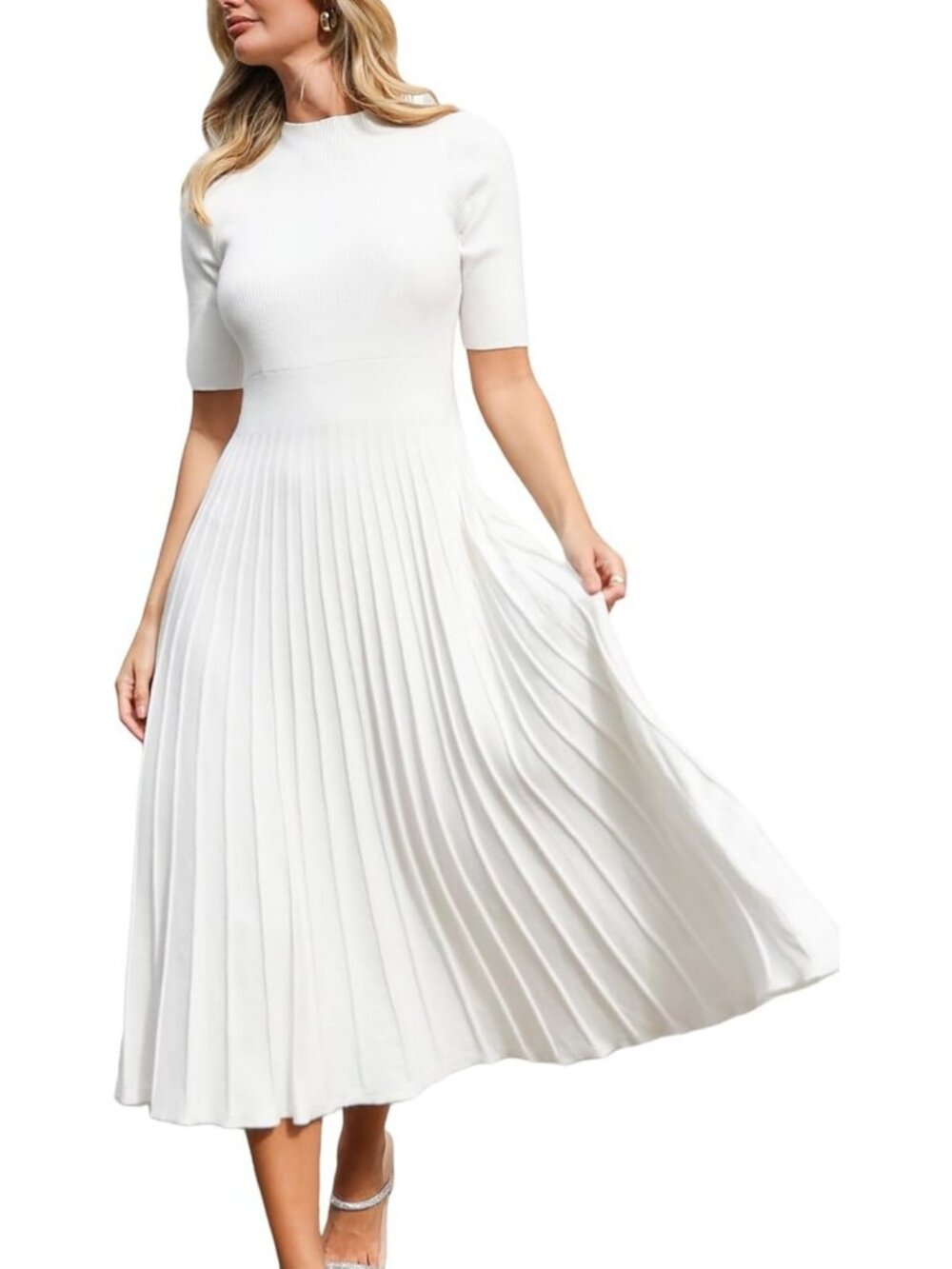 Cozy Fall Ribbed Knit Pleated A-Line Midi Sweater Dress for Women - Perfect for